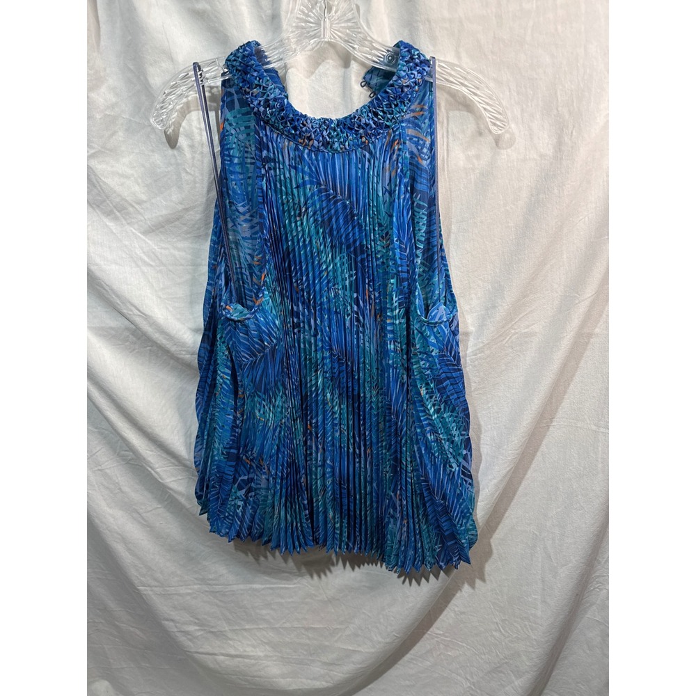 Jennifer Lopez Blue Tropical Palm Print Pleated Sleeveless Blouse Plus Size 0X